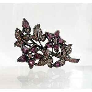 Silver T Purple Rhinestone Multistone Leaf Foliage Floral Shaped Vintage Brooch